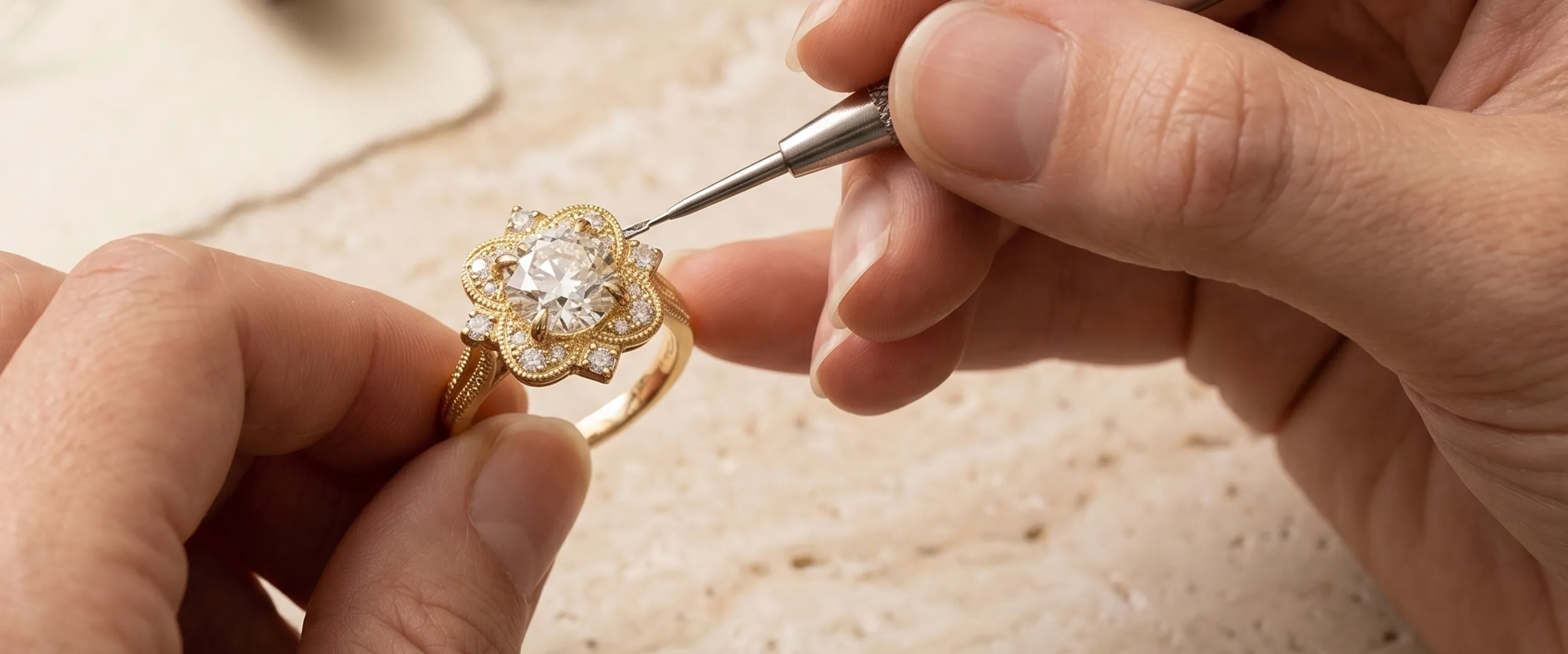 Jeweler working on a gold ring with a diamond using a tool. Learn more about heirloom restoration and redesign.
