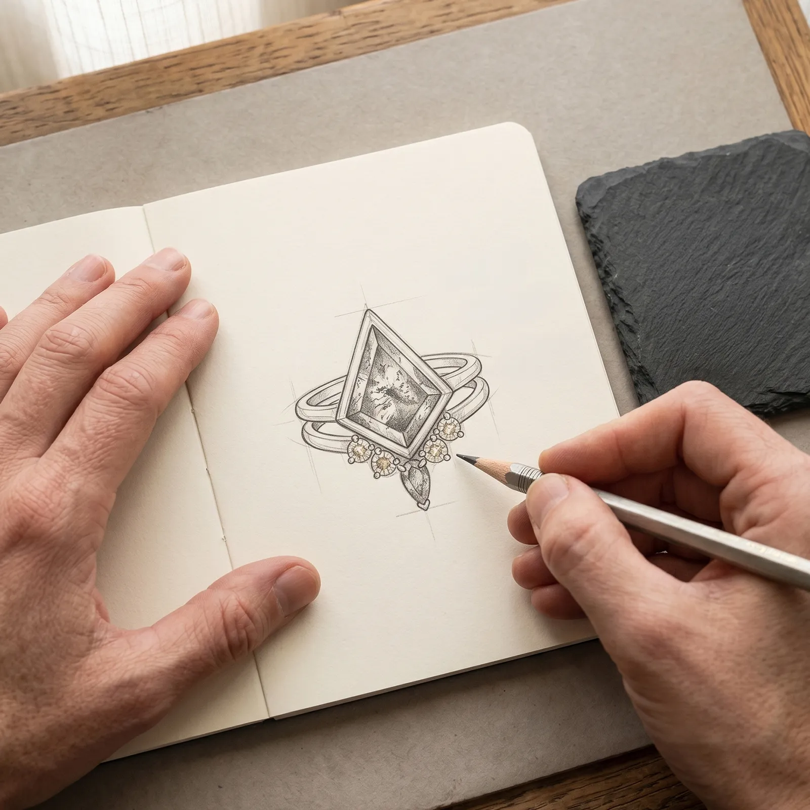 Sketch of a custom ring design being drawn by hand at Pearce Jewelers, West Lebanon.