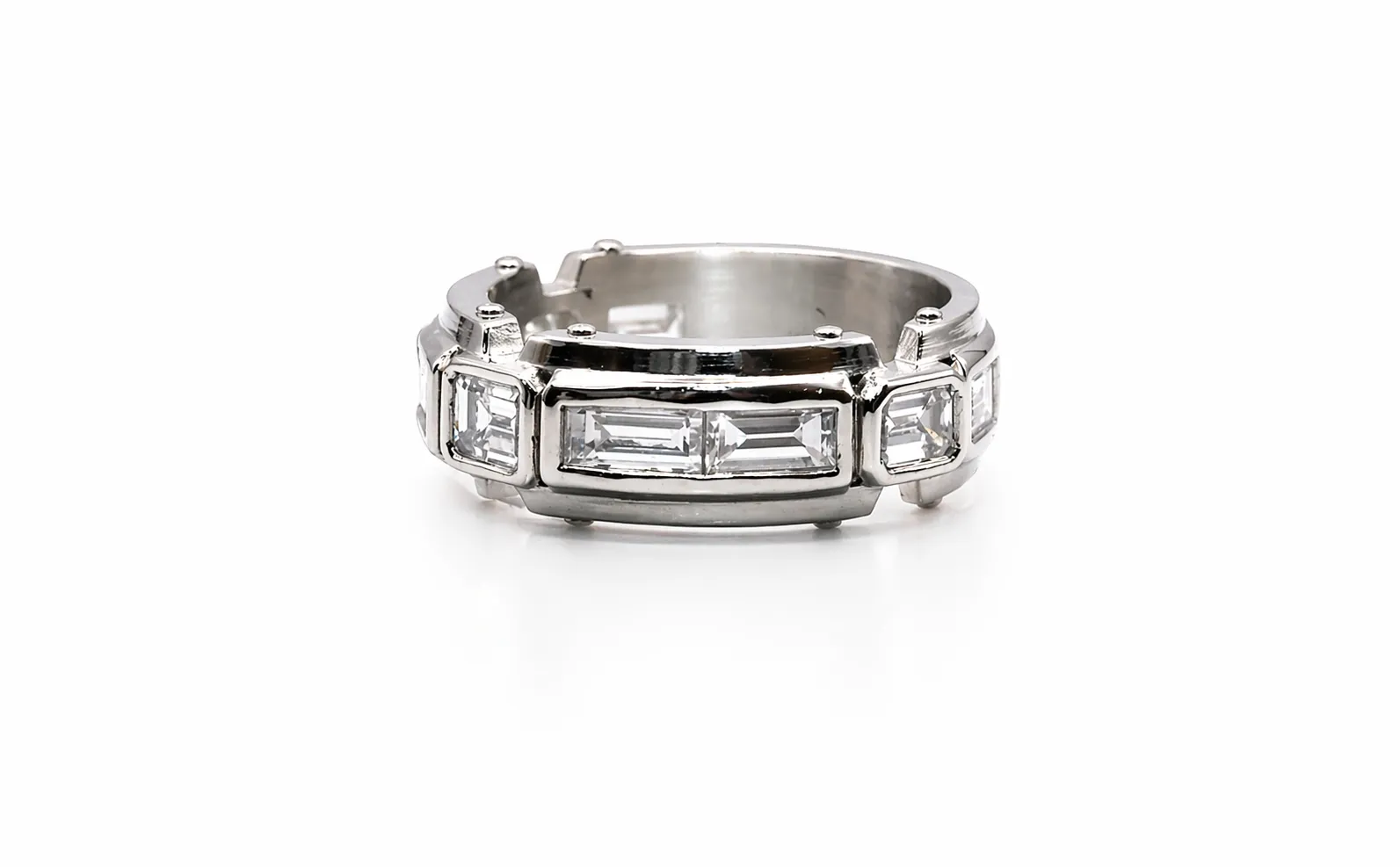 Silver ring with rectangular stones, showcasing a modern design. Visit Perry's Emporium for more fine jewelry.