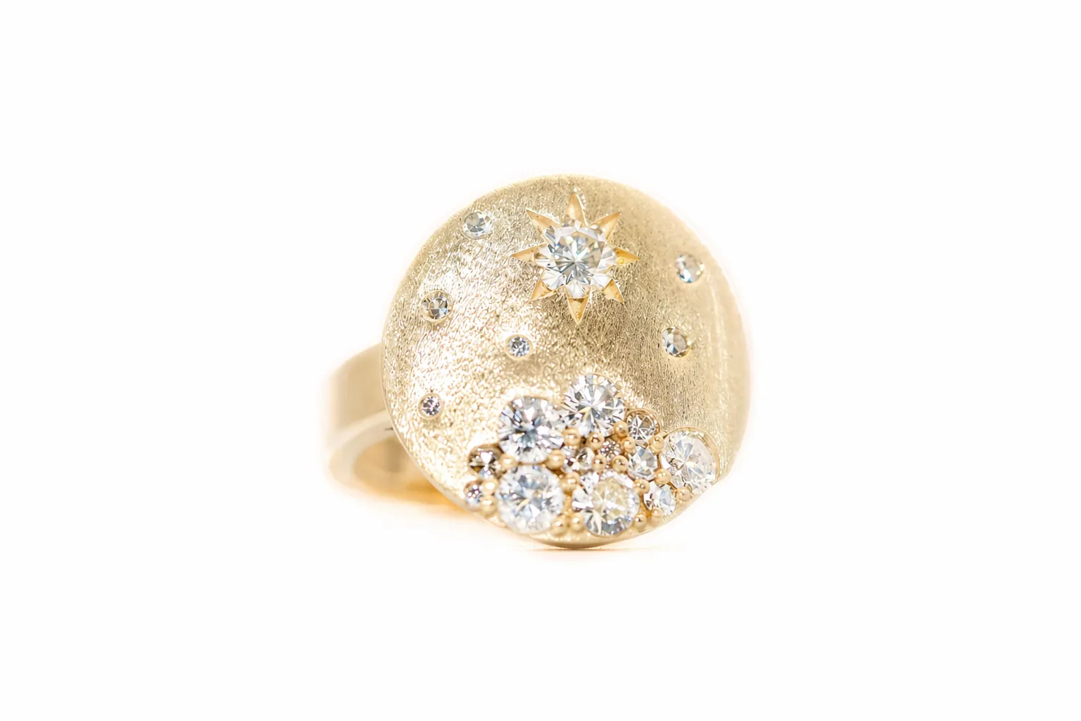 Celestial Dome Ring
A celestial-inspired Dome ring crafted in 14kt yellow gold with a soft satin finish.