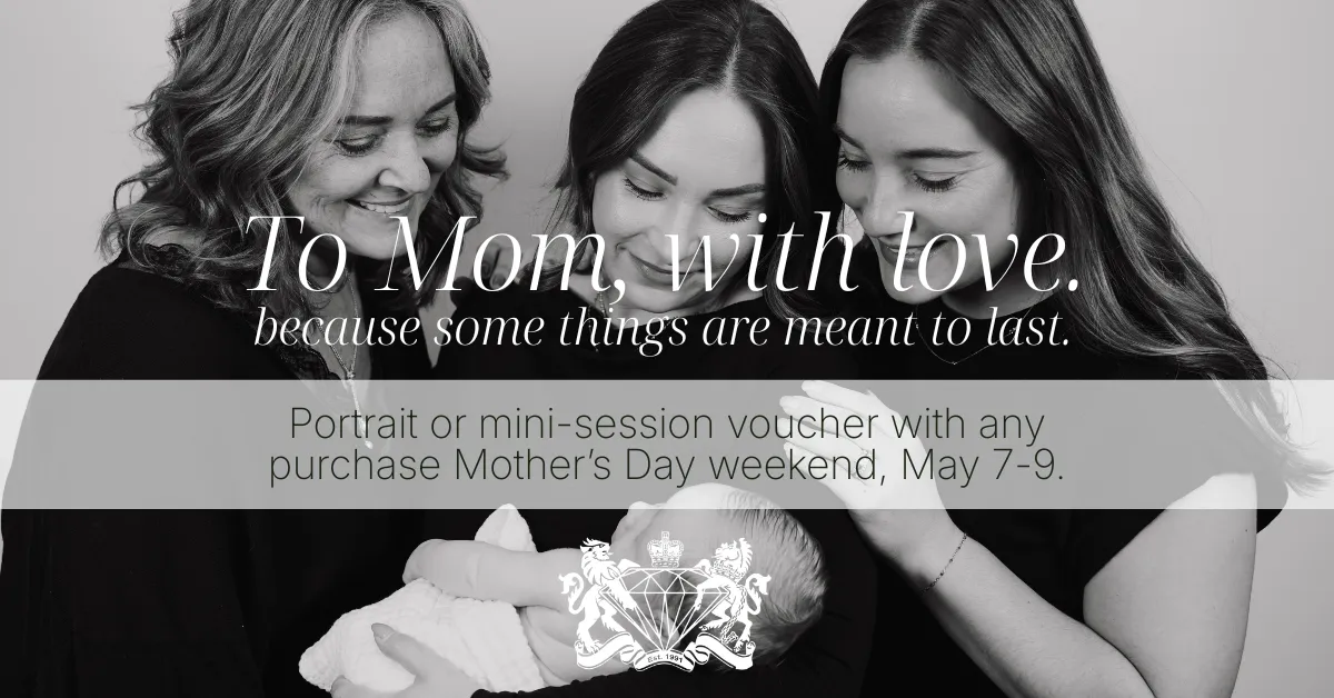 Black and white photo of three women and a baby with Mother's Day promotion text.