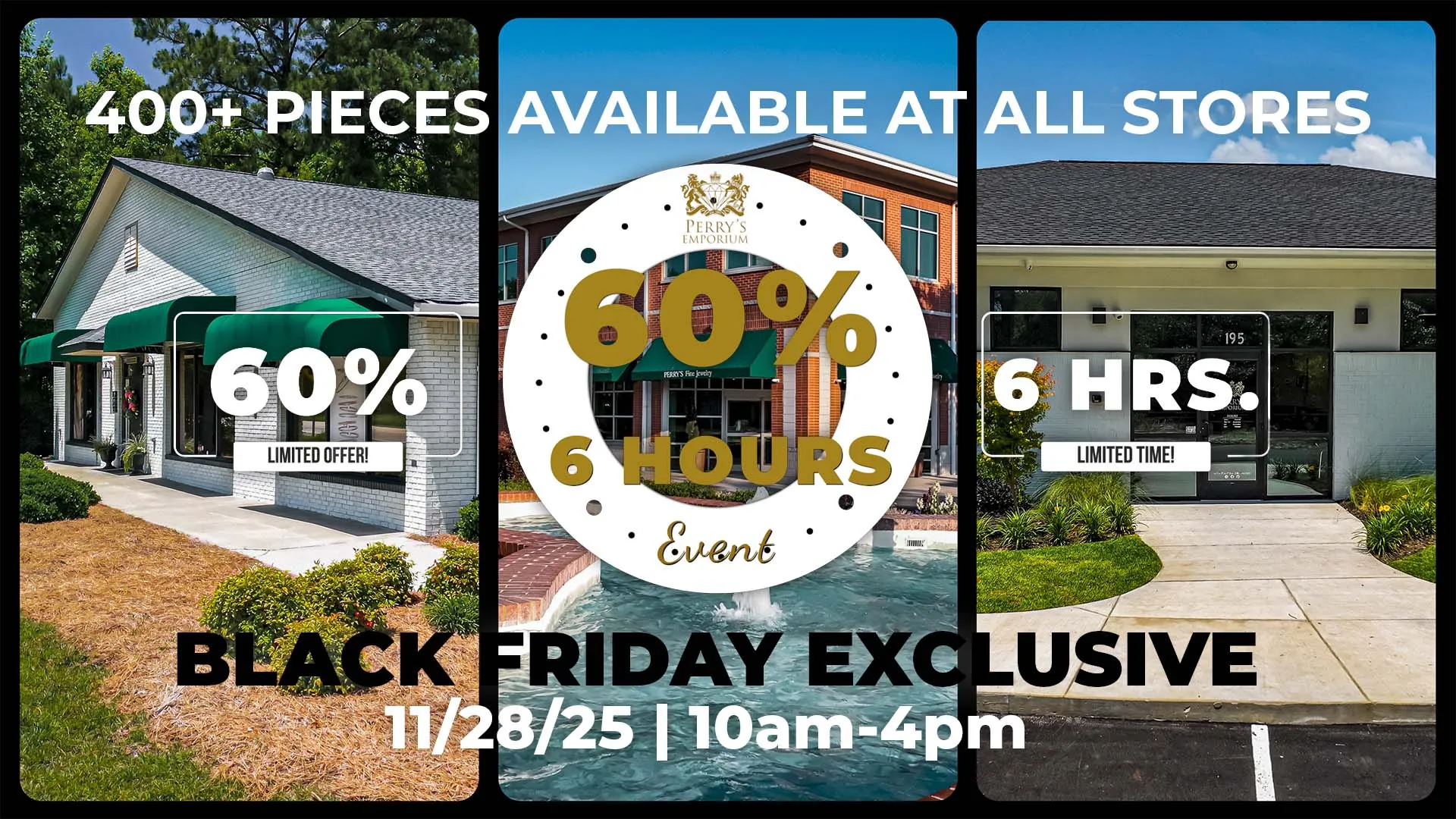 Perry's Emporium Black Friday Event: 60% off for 6 hours on 11/28/25, 10am-4pm. Over 400 pieces available!