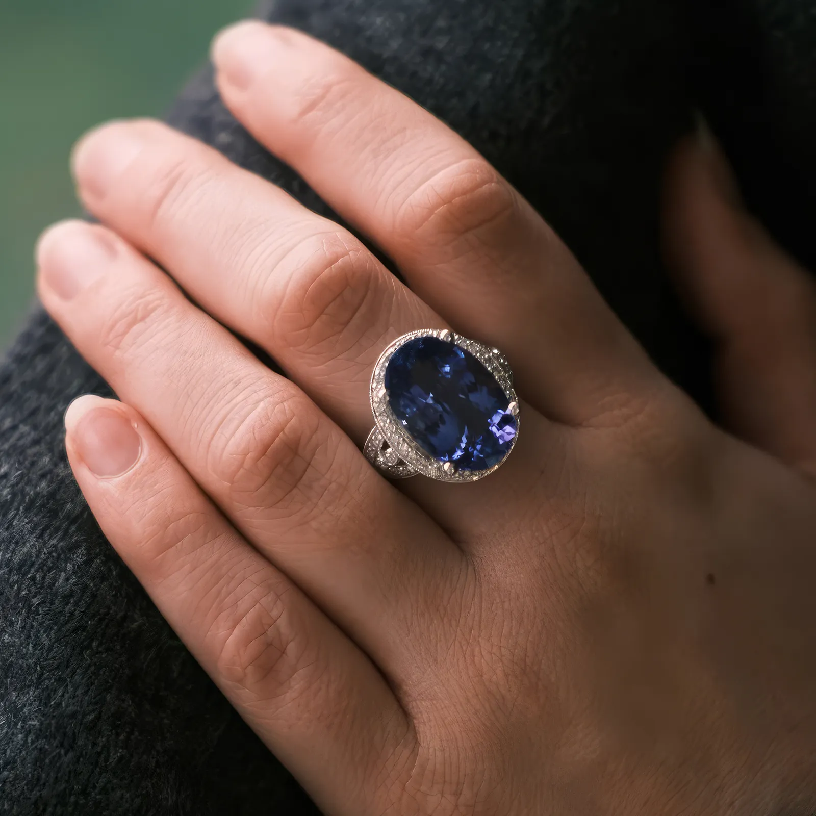 A hand wearing a large oval blue gemstone ring with a diamond-studded band.