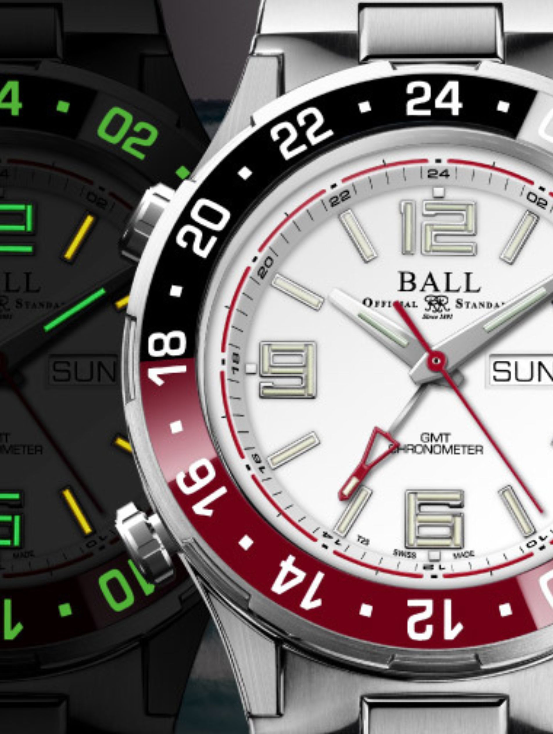 The Ball Roadmaster Marine GMT with red and black ceramic dial is available at Peter & Co. Jewelers Avon Lake, OH
