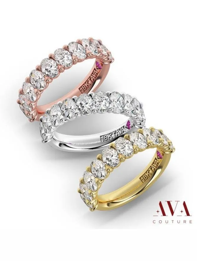 Various diamond bands of different shapes and color metals.
