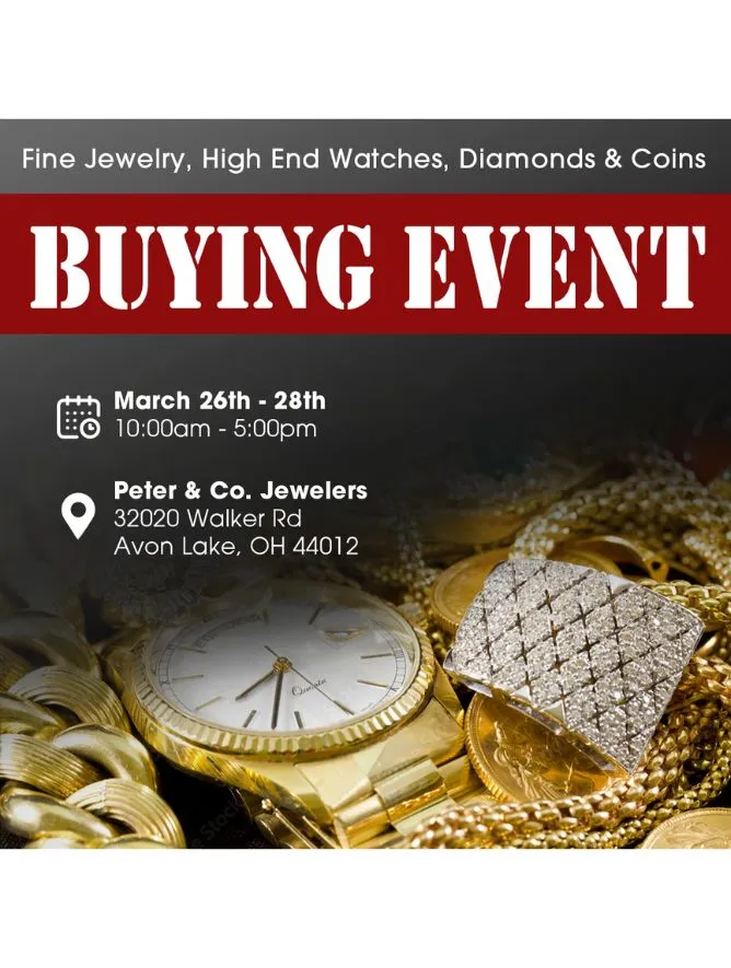 The Great Estate Buying Event is November 8-11, 2022 at Peter & Co. Jewelers.  Sell us your valuables of diamonds, gold, platinu