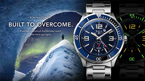 Advertisement for Roadmaster TMT Ball Watch featuring mountain and climber