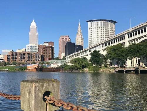 Cuyahoga River against the Cleveland Ohio skyline.