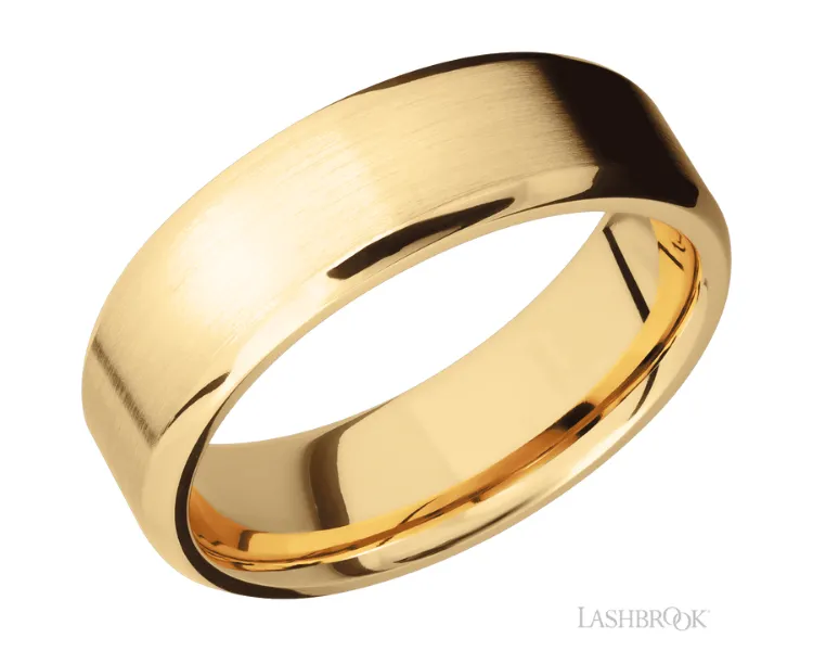 Yellow Gold Lashbrook Wedding Band with a Stone Blue Cerakote inlay available at Peter & Co. Jewelers 