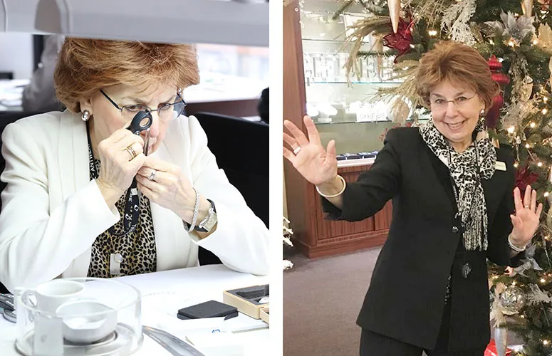 Theresia Examining Jewelry Through Loupe and posing by a Christmas tree.