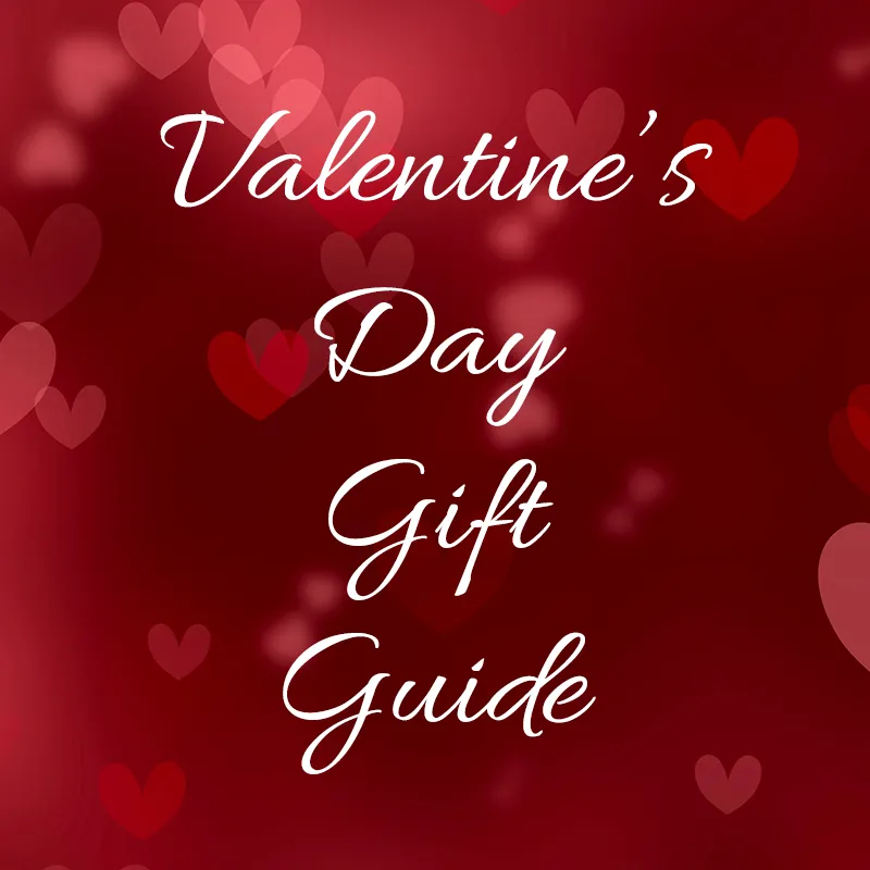Valentine's Day Gift Guide with hearts on a red background. Click to explore P.J. Rossi Jewelers' offerings.