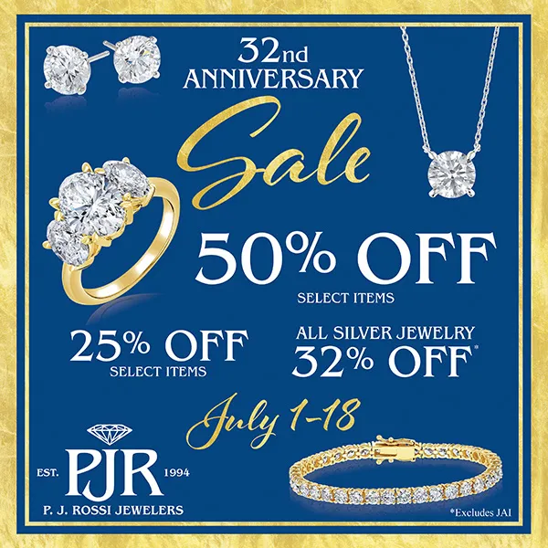 32nd Anniversary Sale with diamond jewelry images, offering up to 50% off select items from July 1-18.