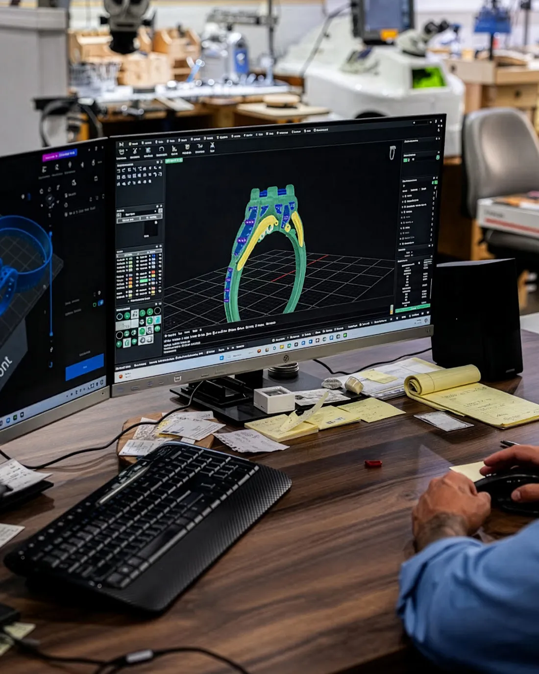 3D design of a custom engagement ring on a computer screen at Premier Diamond Center. Click to learn more about custom designs.