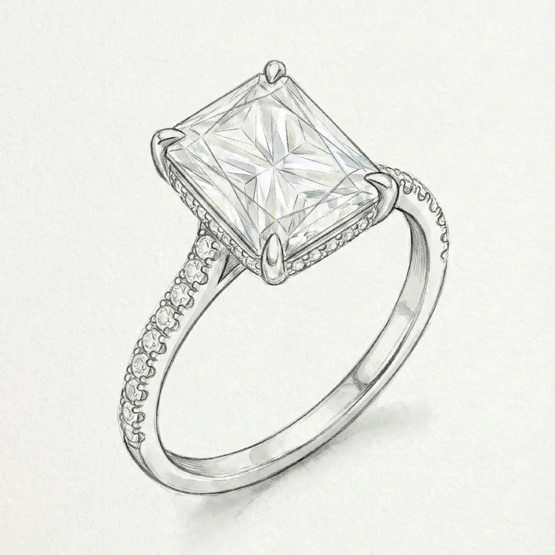 Elegant sketch of a diamond engagement ring with a square cut stone and intricate band details. Visit Premier Diamond Center.