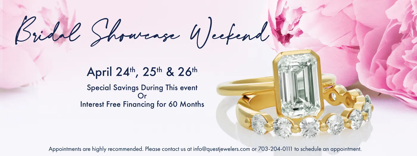 Elegant gold rings with diamonds on a soft fabric background. Click to make an appointment at Quest Fine Jewelers.