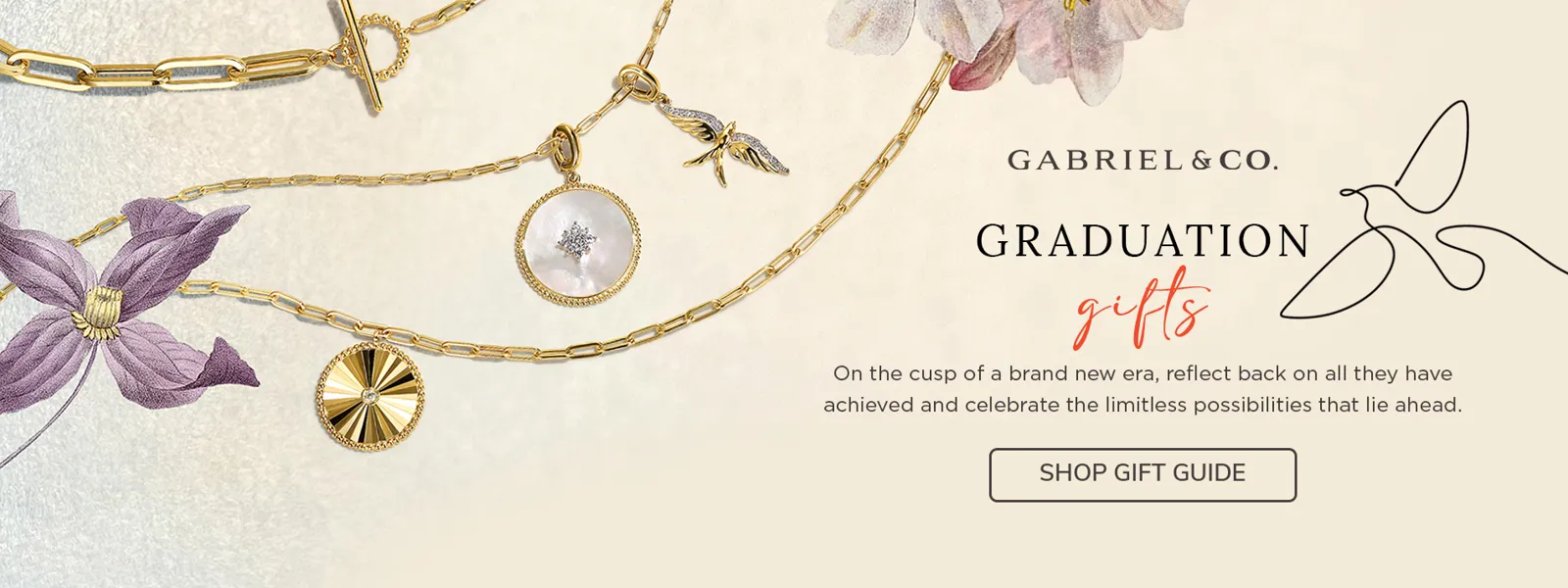 Gold jewelry with medallion charms, a bird charm, and various link chains. Shop graduation gifts.