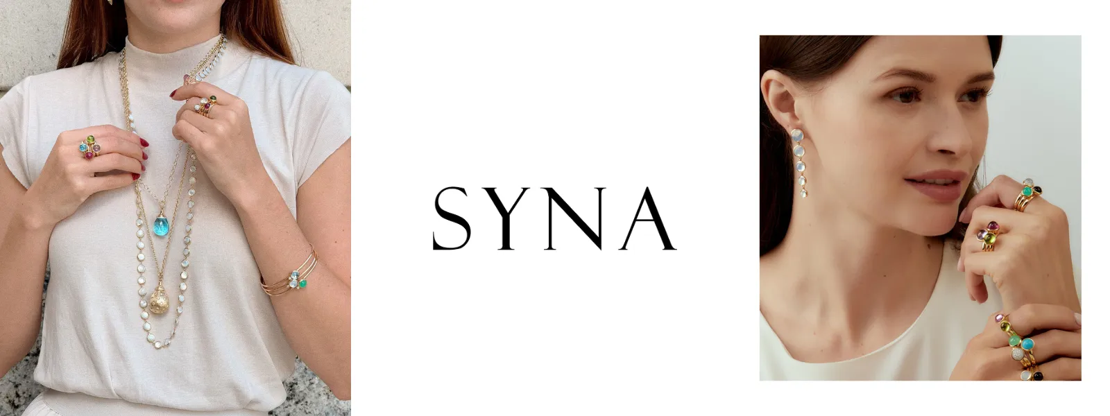 Model showcasing SYNA jewelry, featuring rings, necklaces, and earrings. Click to explore more at Quest Fine Jewelers.