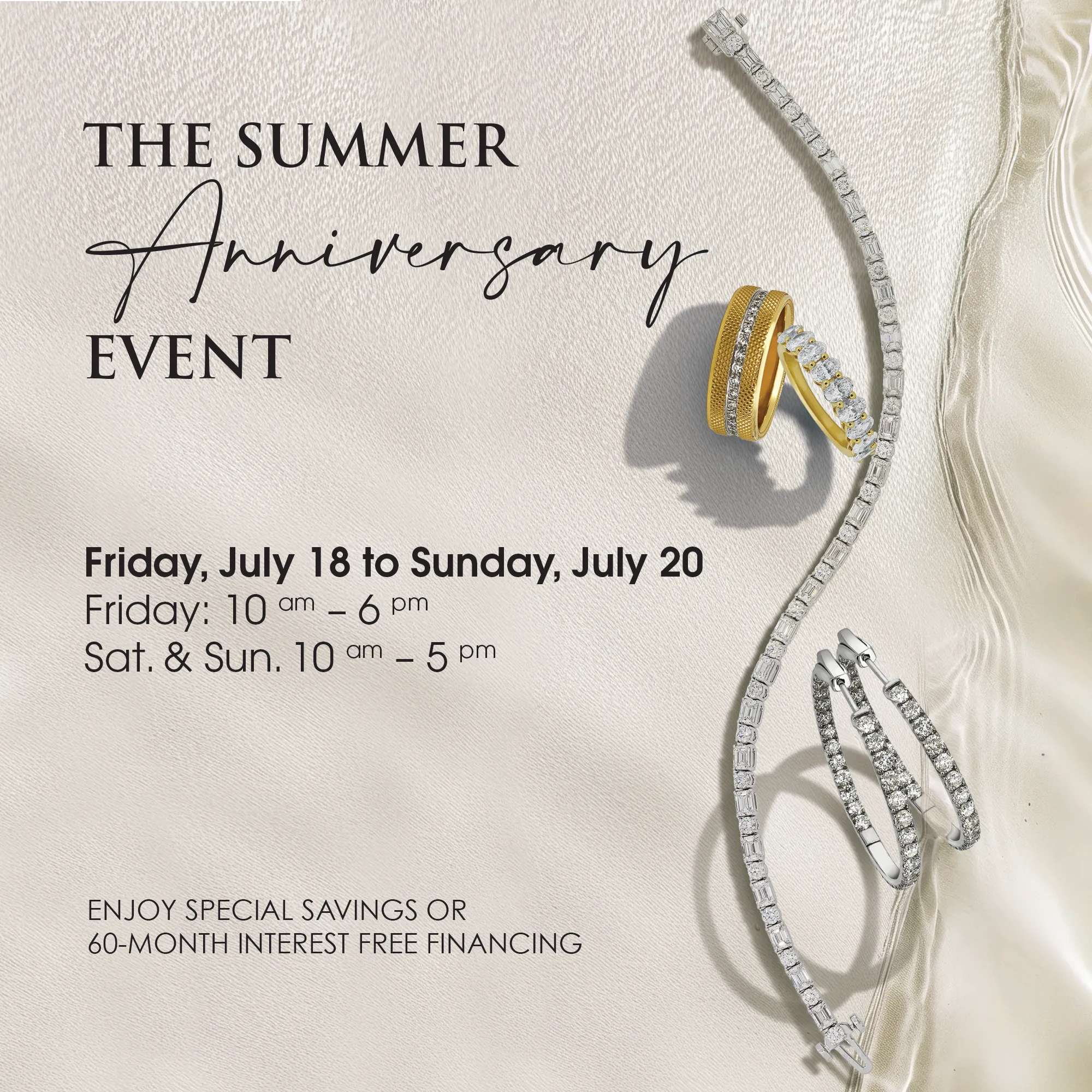Summer Anniversary Event at Quest Fine Jewelers, featuring special savings. Click to schedule an appointment.