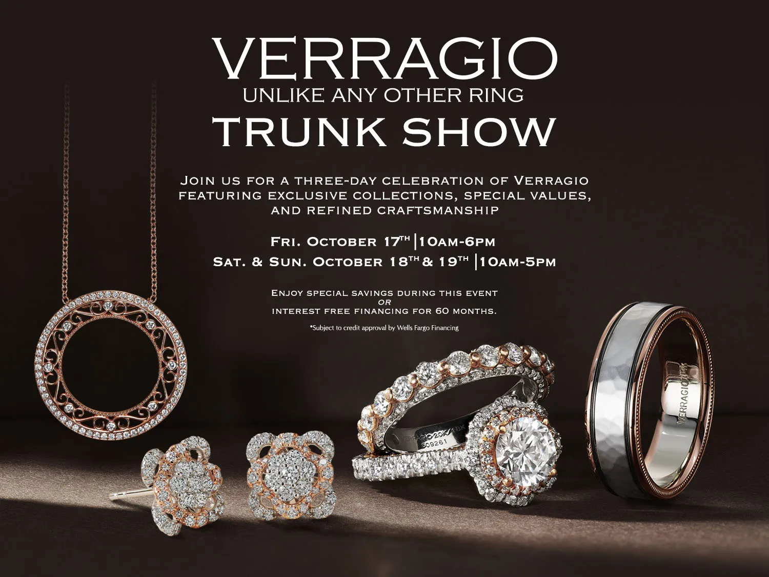 Verragio Trunk Show banner featuring elegant rings and jewelry. Click to explore more at Quest Fine Jewelers.