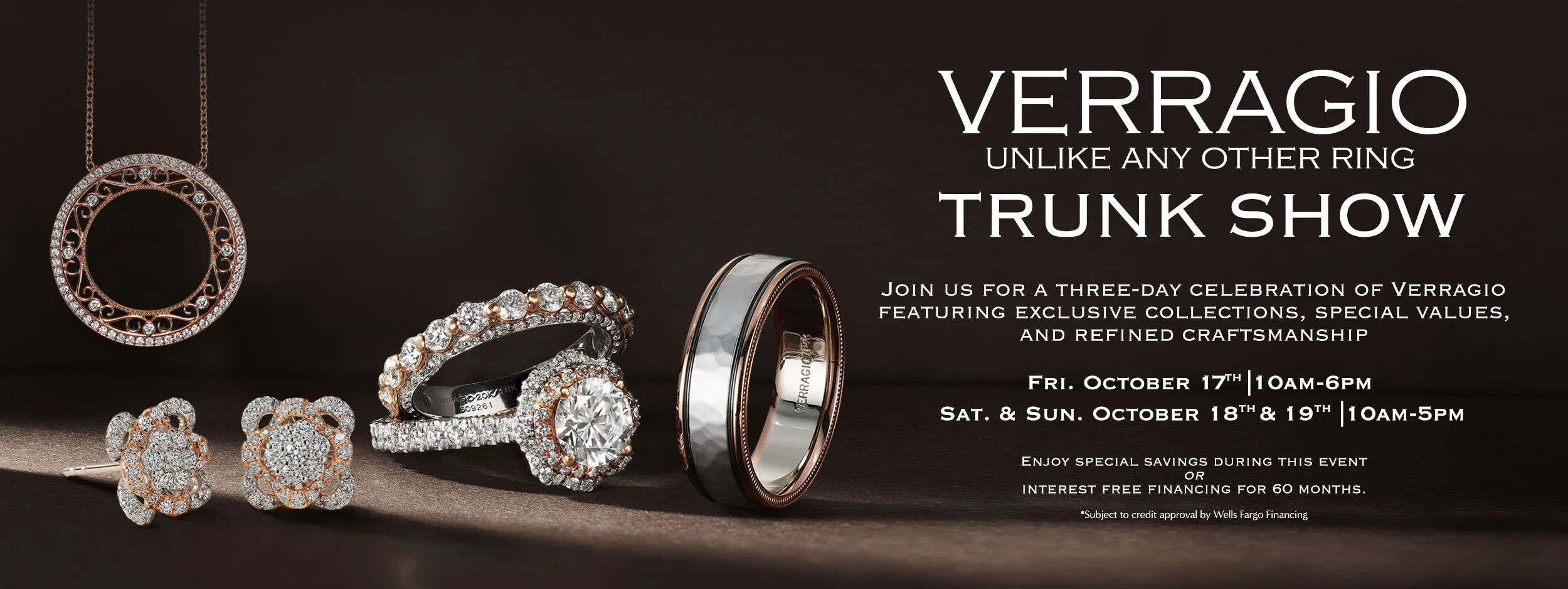 Verragio Trunk Show banner featuring elegant rings and jewelry. Click to explore more at Quest Fine Jewelers.