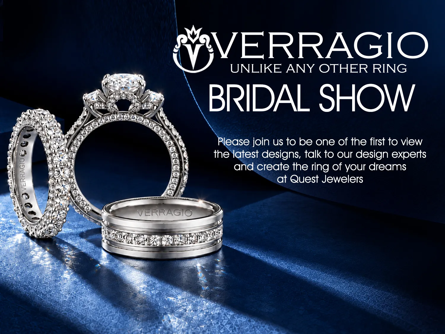 Elegant gold and silver rings with diamonds on a soft fabric background. Click to make an appointment at Quest Fine Jewelers.