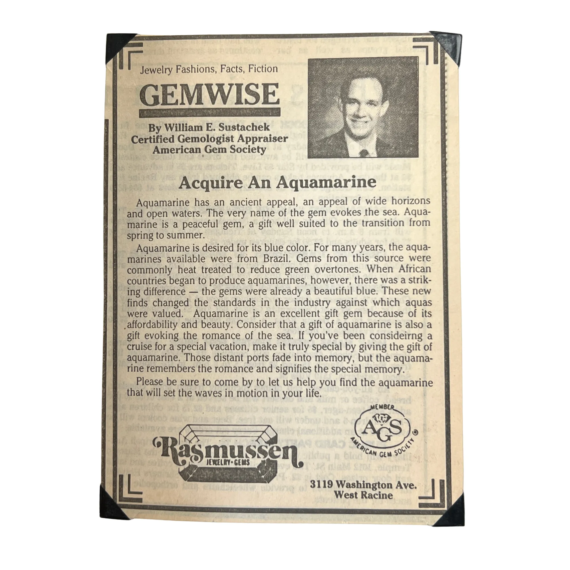 Acquire an Aquamarine March 9th, 1991 Rasmussen Diamonds Mount Pleasant, WI