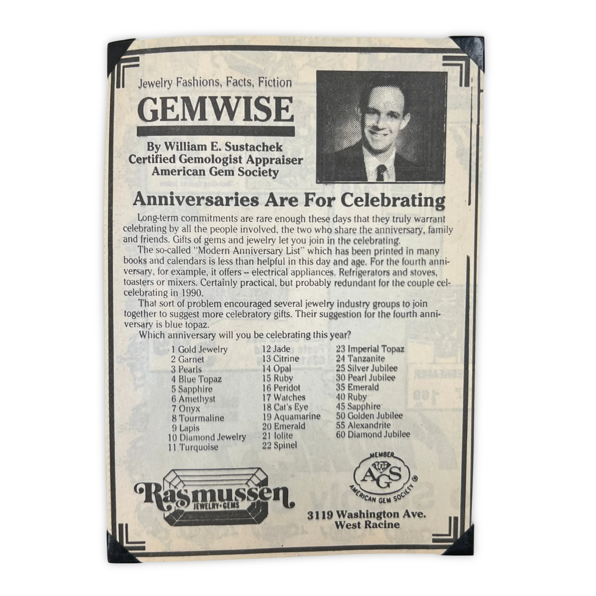 Anniversaries are for Celebrating April 28th, 1990 Rasmussen Diamonds Mount Pleasant, WI