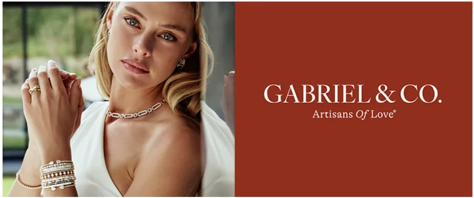 Elegant woman wearing jewelry beside Gabriel & Co. logo. Discover a diamond as rare as your story. [Why Antwerp?](/pages/antwerp