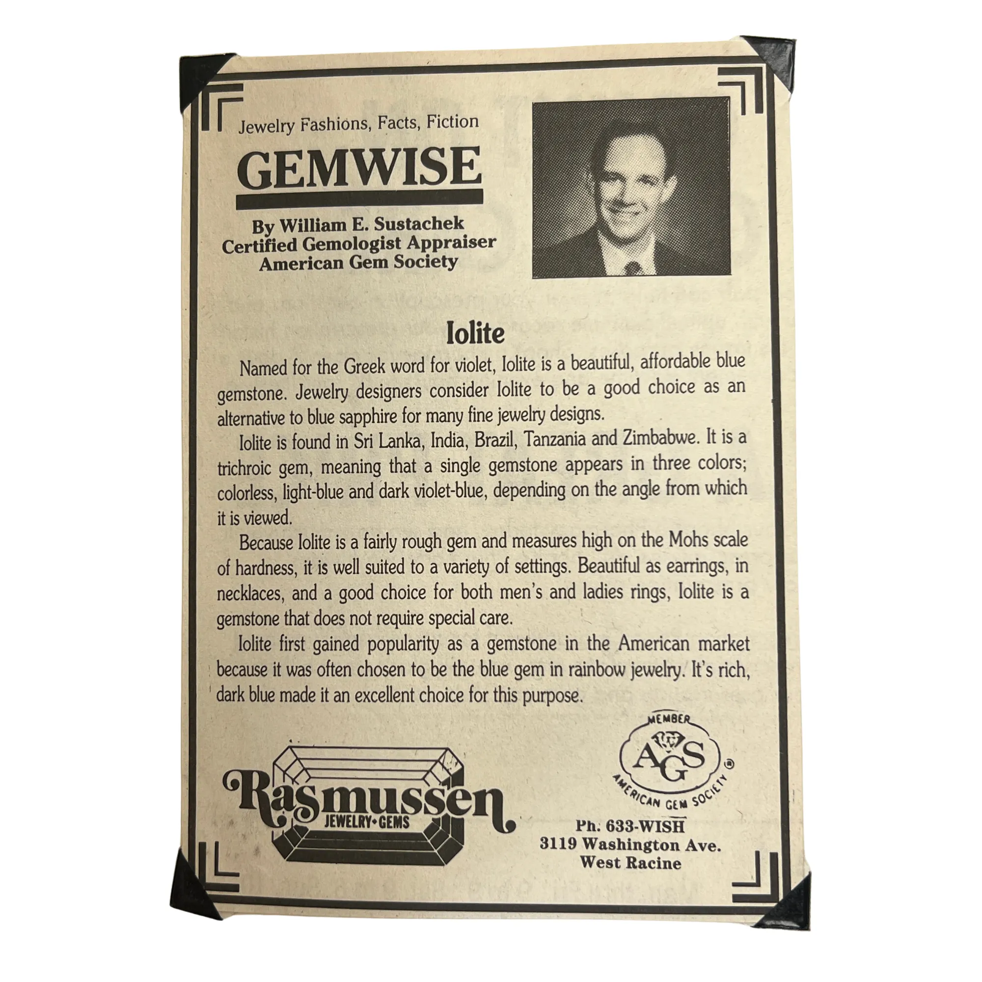 Iolite July 25th, 1990 Rasmussen Diamonds Mount Pleasant, WI