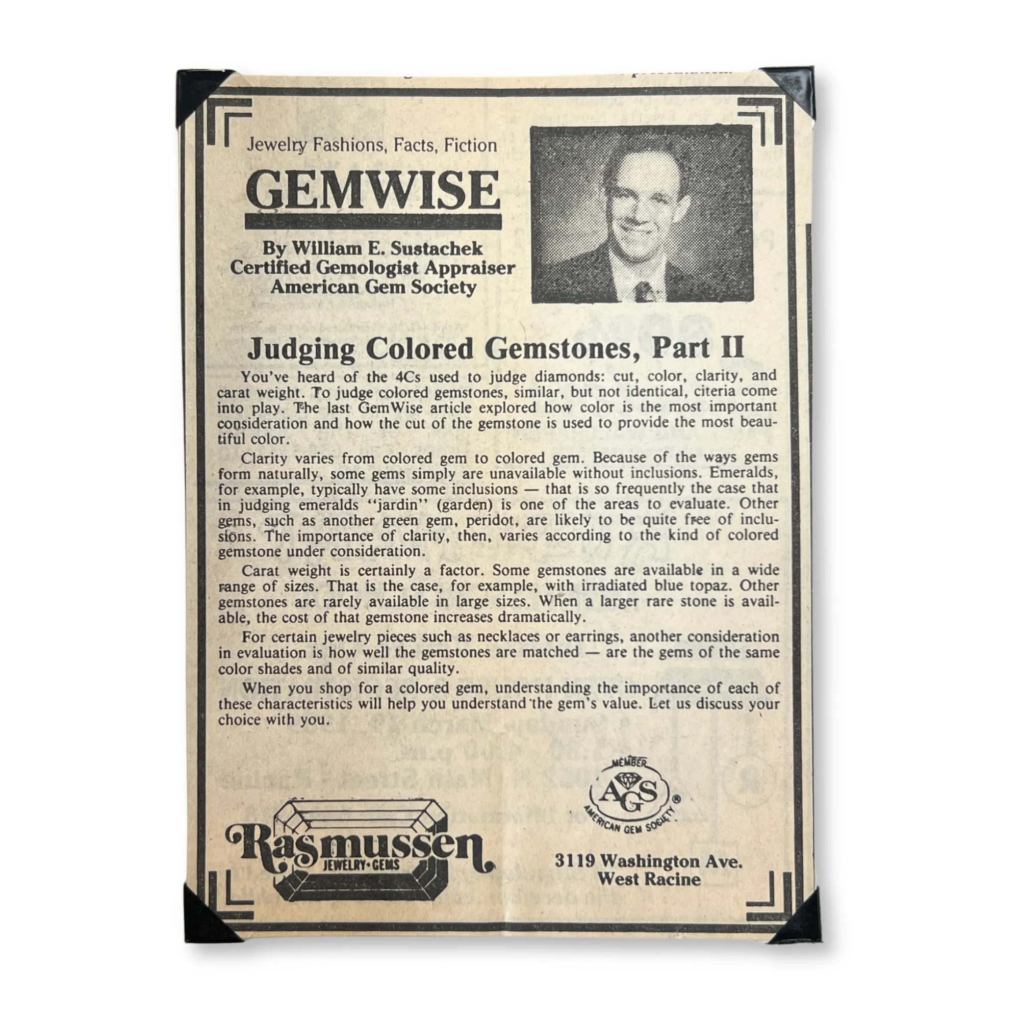 Judging Gemstones, Part 2 March 18th, 1989 Rasmussen Diamonds Mount Pleasant, WI