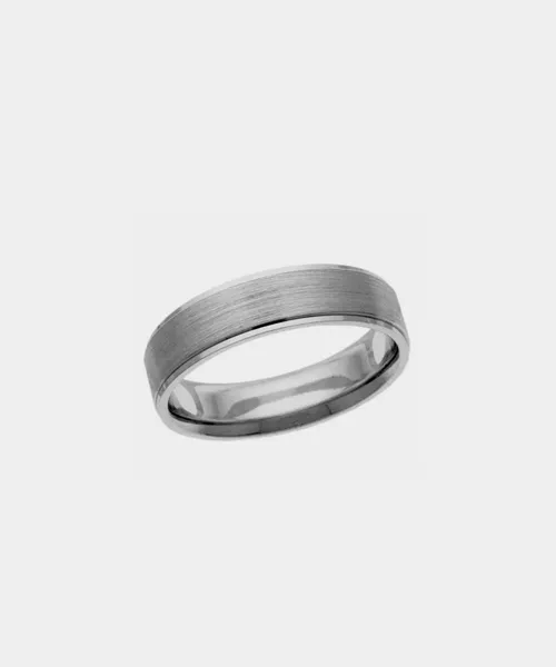 Men's brushed silver wedding band displayed on a white background. Visit Reiniger Jewelers for more options.