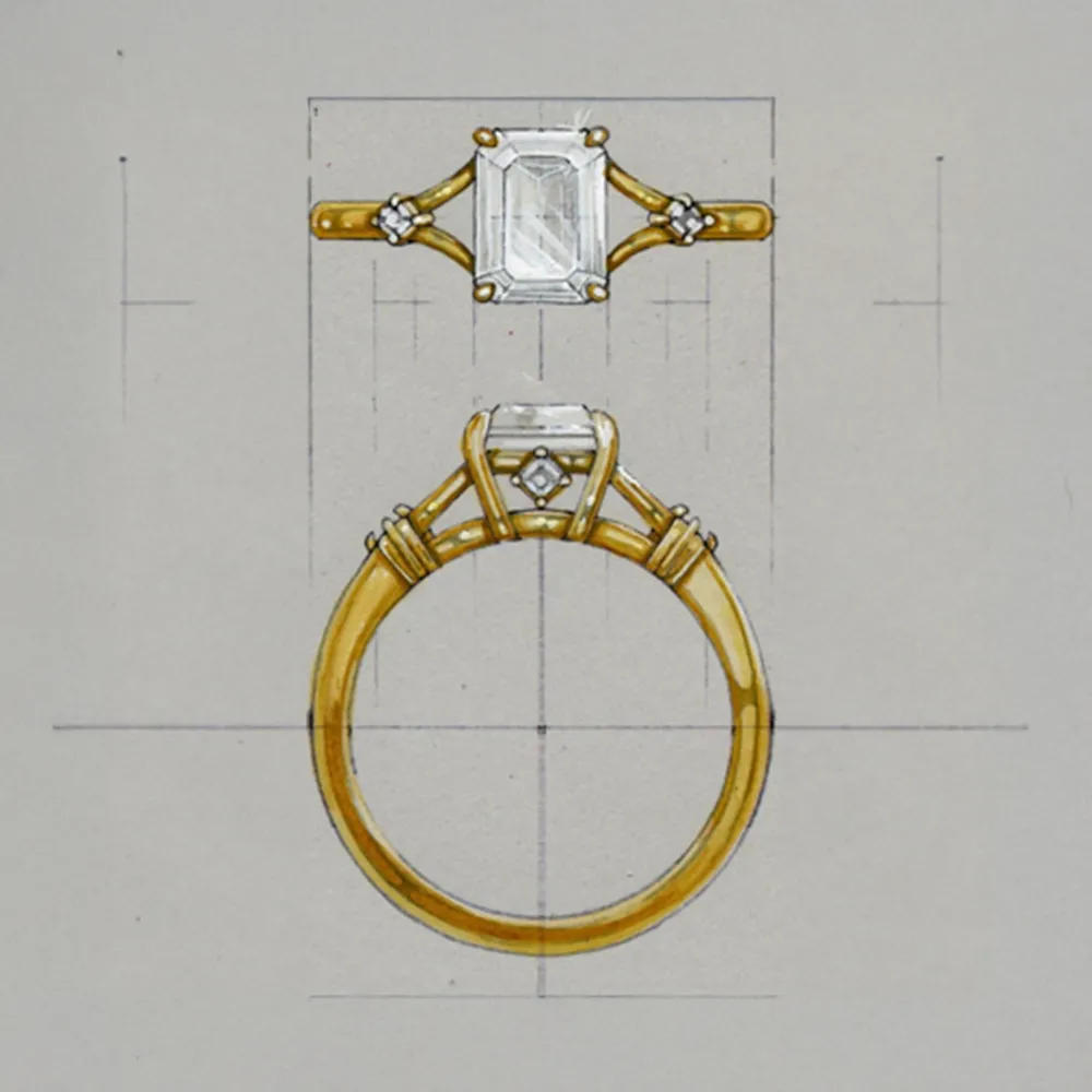 Sketch of a custom engagement ring design featuring an emerald-cut diamond and gold band.