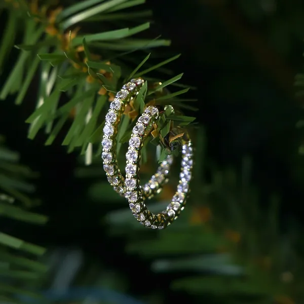 Sparkling diamond hoop earrings hanging on a pine branch. Click to explore more earrings at R. Gregory Jewelers.