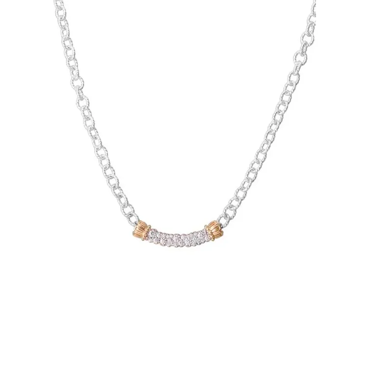 Silver chain necklace with a rose gold accent and sparkling stones.