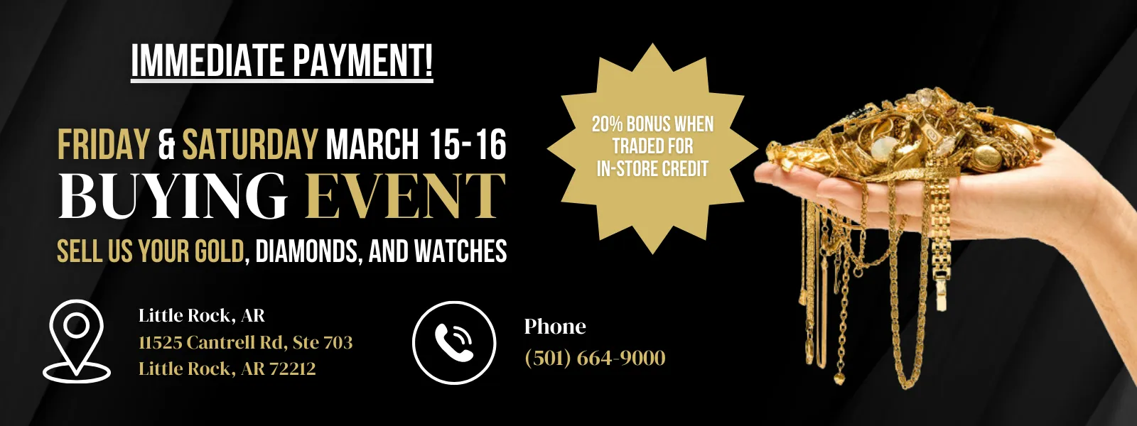 Robert Irwin Jewelers Buying Event: March 15th - March-16th. Get immediate payment for your gold, diamonds, and Swiss watches.