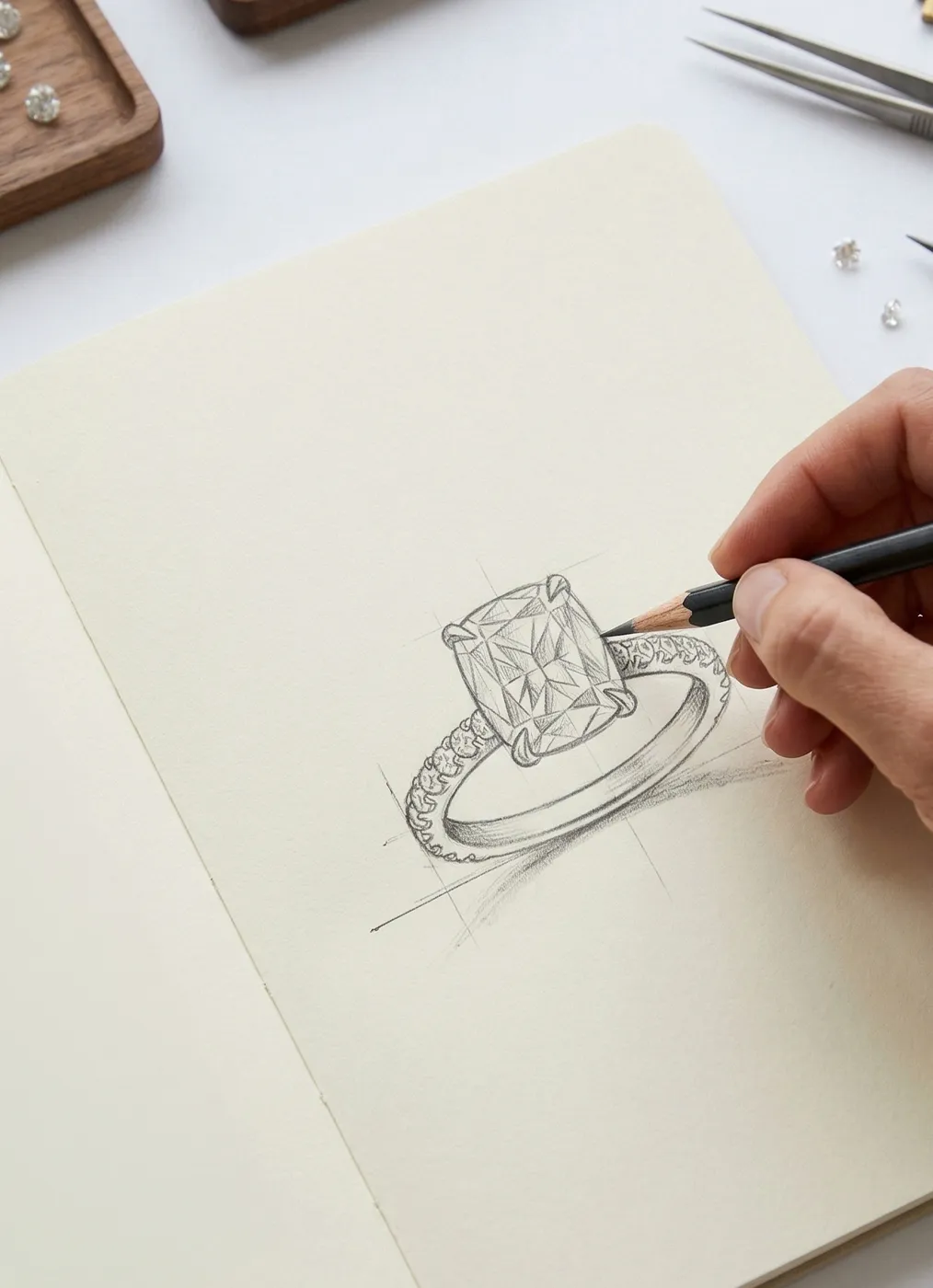 A hand sketches a detailed diamond ring design on paper, with tools and gems nearby.