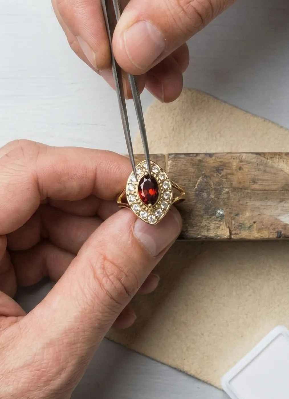 A jeweler uses tweezers to set a red gemstone in a gold ring with diamonds.