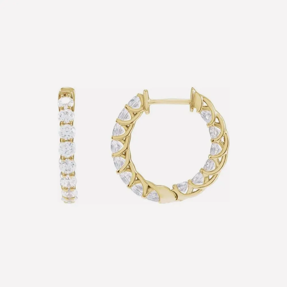 Gold hoop earrings with diamonds, side and front view. Click to explore earrings.