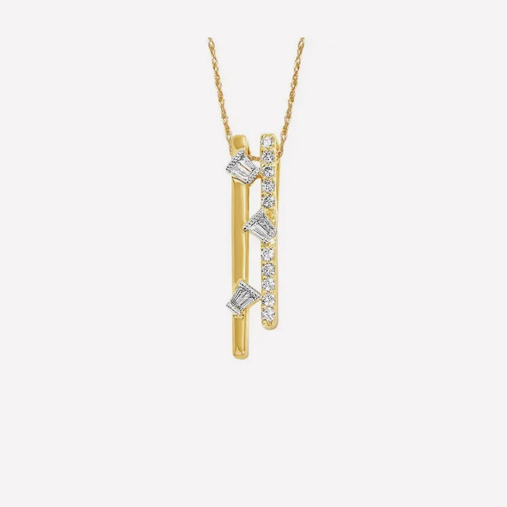 Gold necklace with vertical bars and diamond accents. Click to explore more necklaces.