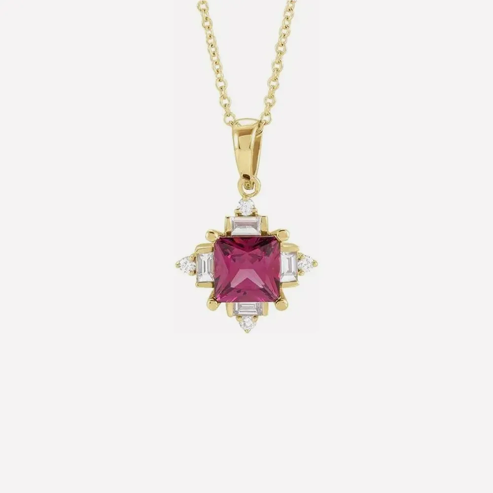 Gold necklace with a square red gemstone pendant surrounded by diamonds.