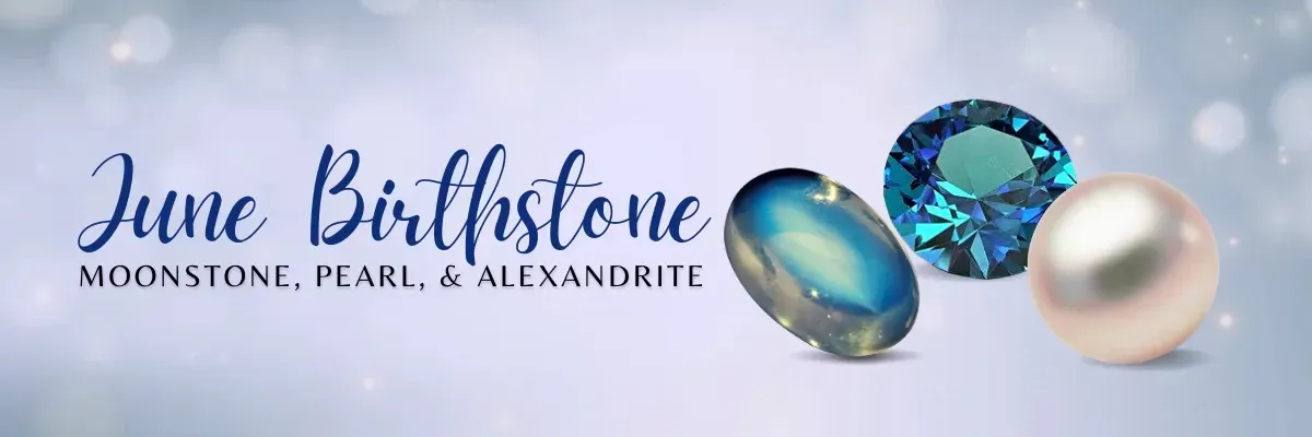 June birthstones: moonstone, pearl, alexandrite on a soft blue background. Explore more at S&E Jewelers.