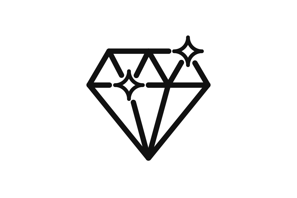 Black pixel art diamond with a sparkle, representing quality jewelry at Sather's Leading Jewelers in Fort Collins.