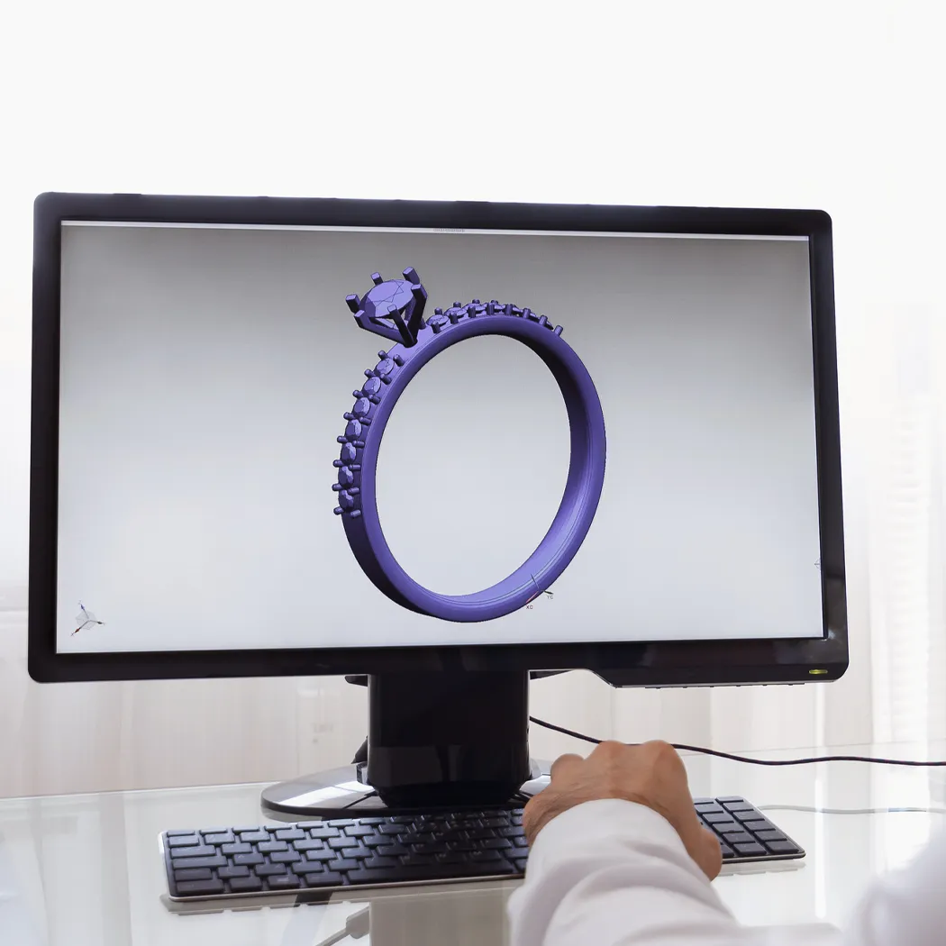3D rendering of a purple engagement ring on a computer screen.