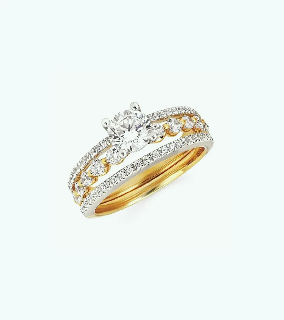 A gold and diamond engagement ring with a round center stone and intricate band design.