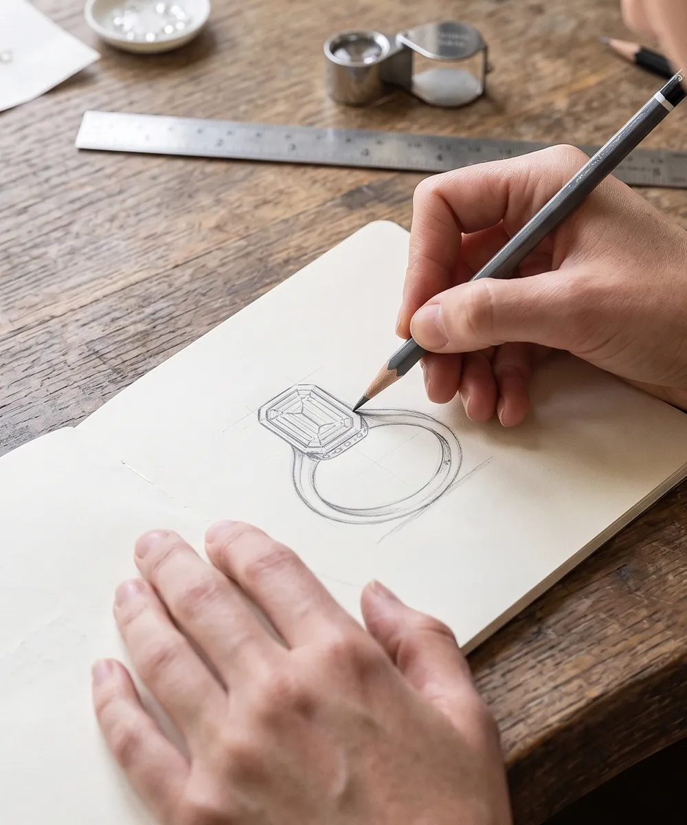 Sketch of a diamond ring being drawn on paper with a pencil on a wooden table.