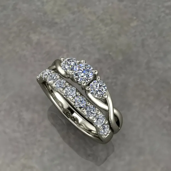 A silver ring set with intertwined bands and sparkling diamonds on a textured background.