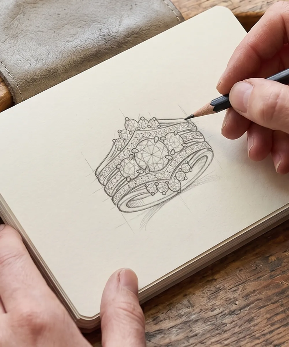 A hand sketching an intricate diamond ring design in a notebook.
