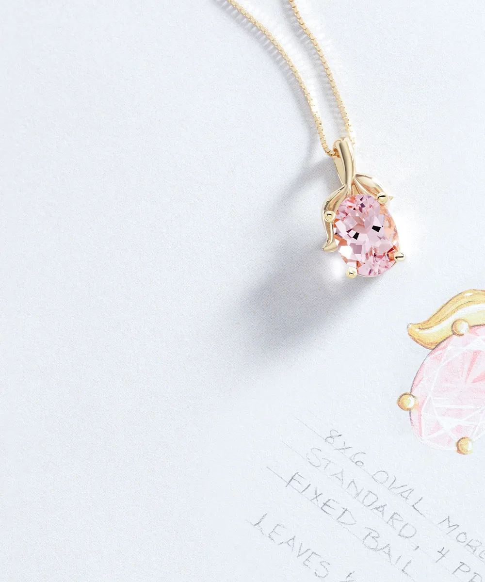 A gold necklace with a pink oval gemstone pendant on a light background with a jewelry sketch.