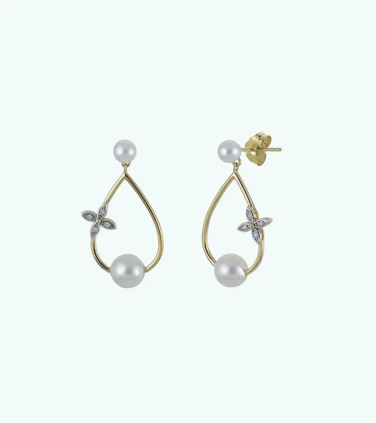 Gold teardrop earrings with pearls and floral accents.