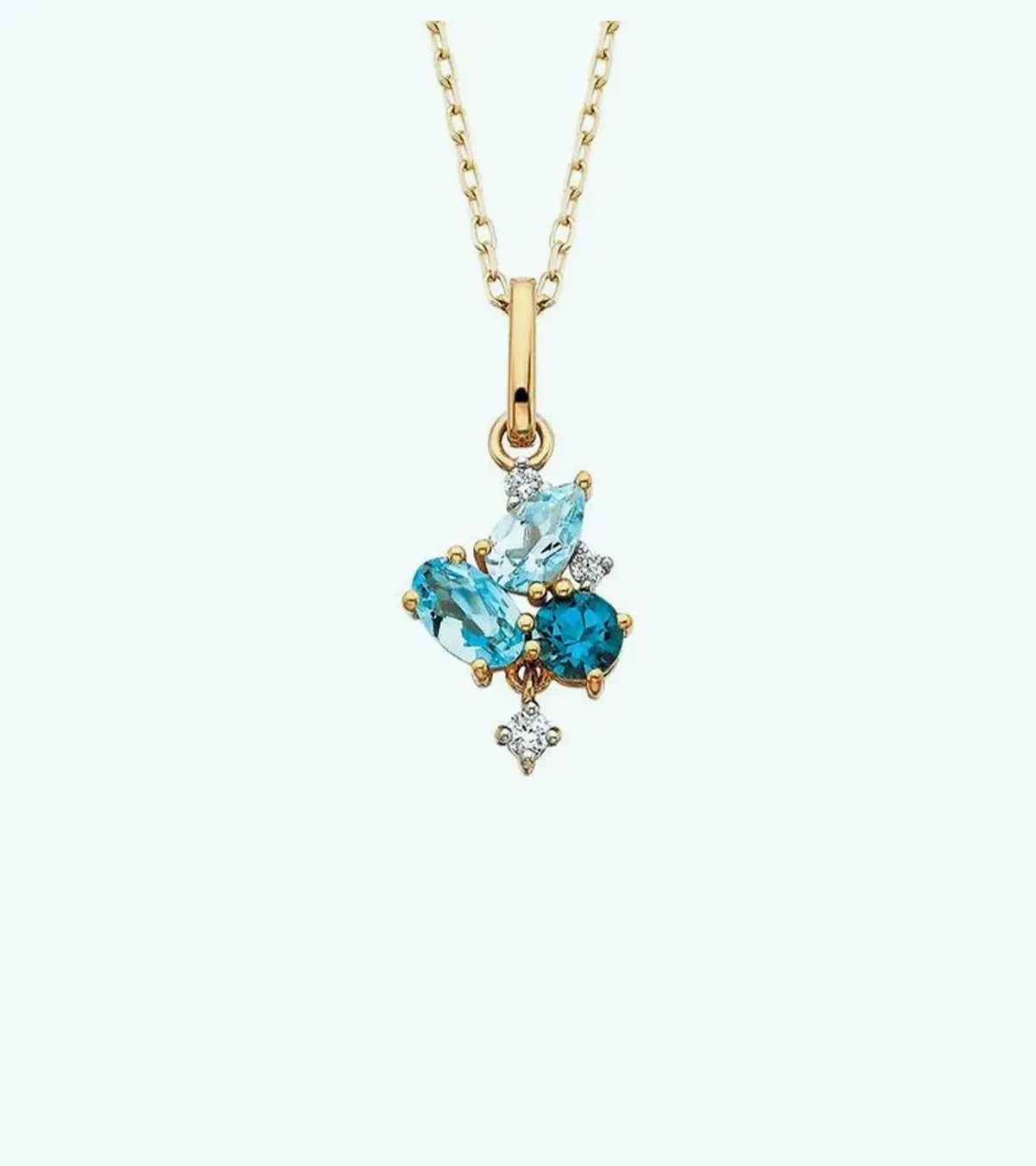 Gold necklace with blue gemstones and small diamonds in a cluster pendant design.